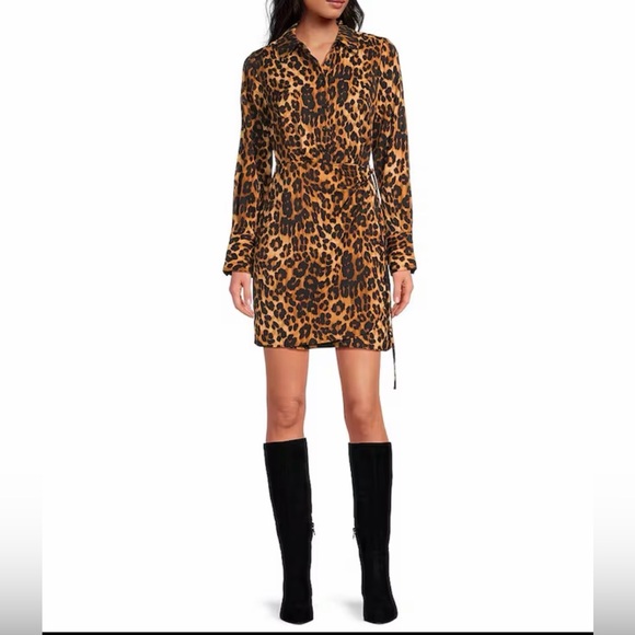 Sam Edelman Dresses & Skirts - Sam Edelman Satin Collar Neckline Long Sleeve Leopard Mini Shirt Dress